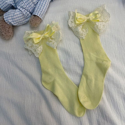 Lace Bow Socks - Lemon Yellow / One Size