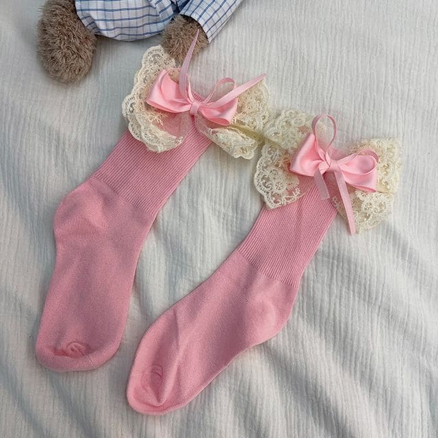 Lace Bow Socks - Pink / One Size