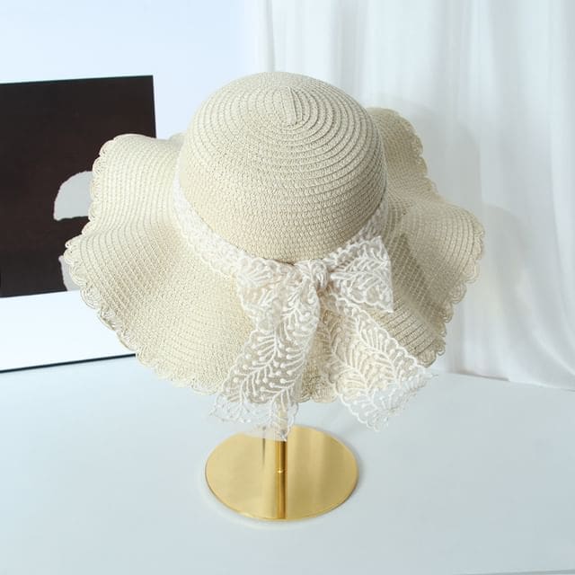 Lace Bow Straw Hat - D-217 - Beige / One Size