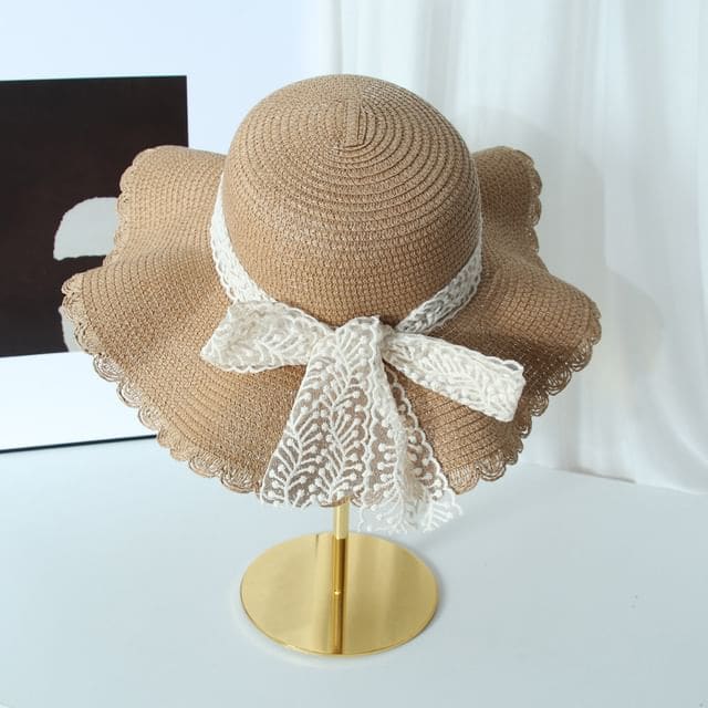 Lace Bow Straw Hat - D-217 - Coffee / One Size