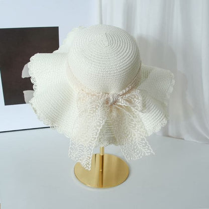 Lace Bow Straw Hat - D-217 - Off-White / One Size