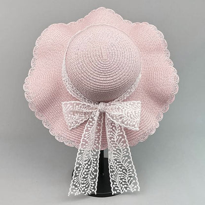 Lace Bow Straw Hat - D-217 - Pink / One Size