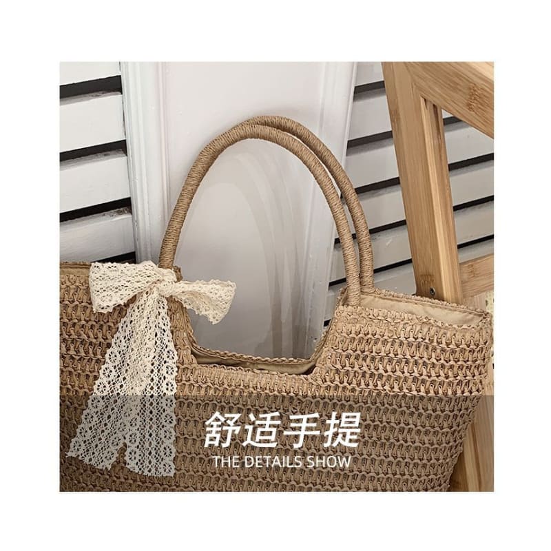 Lace Bow Woven Tote Bag