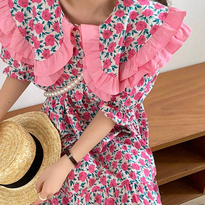 Lace Collar Pink Floral Dress - Free Size / Pink - Dresses