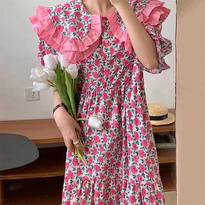 Lace Collar Pink Floral Dress - Free Size / Pink - Dresses