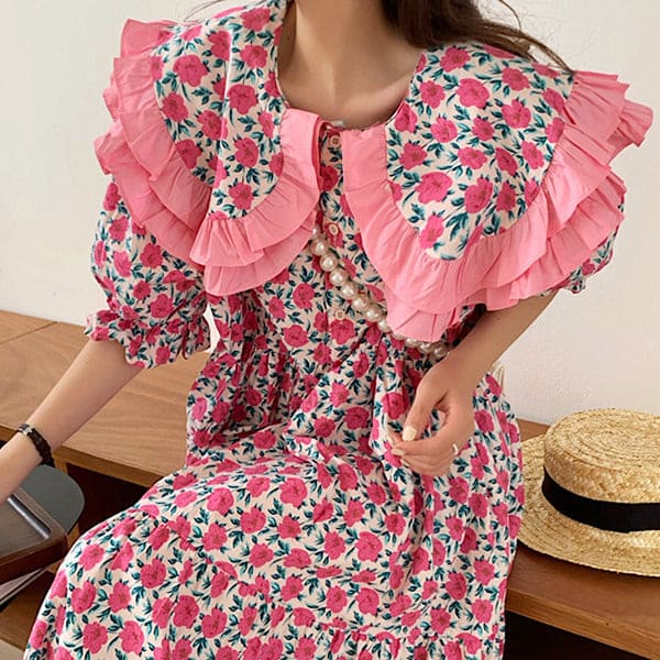 Lace Collar Pink Floral Dress - Free Size / Pink - Dresses