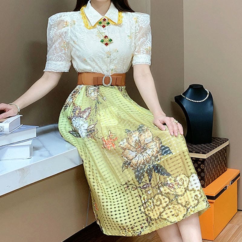 Lace Lapel Shirt Floral Embroidery Skirt Set - Set / M
