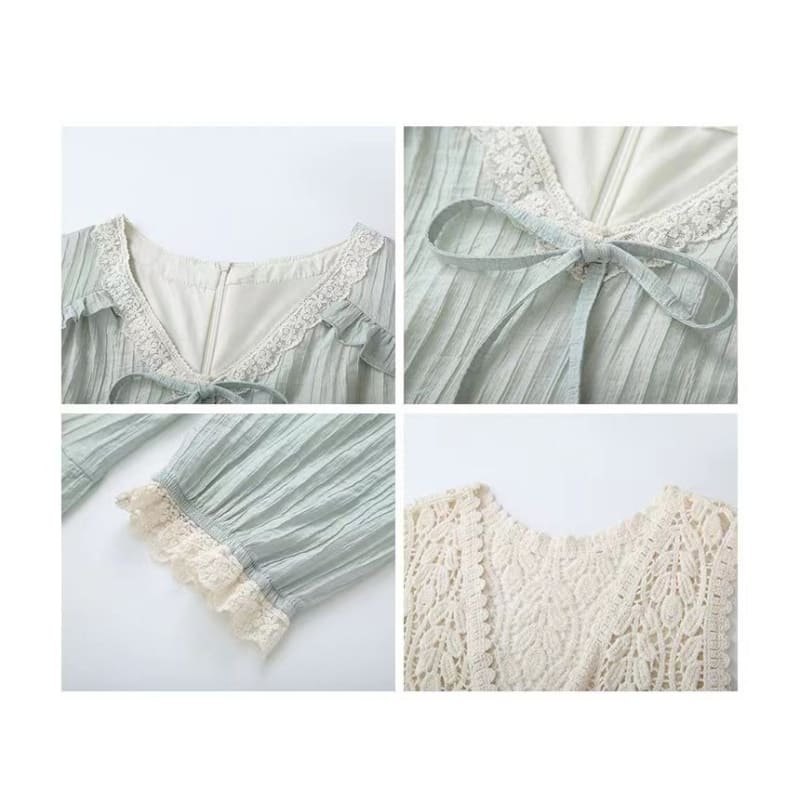 Lace Open Front Vest / Elbow-Sleeve V-Neck Plain Lace Trim