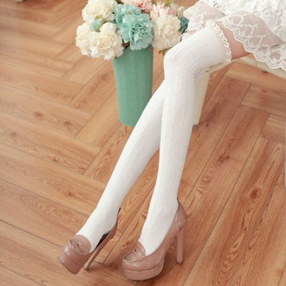 Lace Over Knee Cotton Stockings - White / One Size