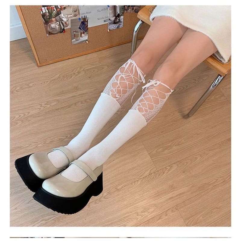 Lace Panel Tie Front Plain Socks