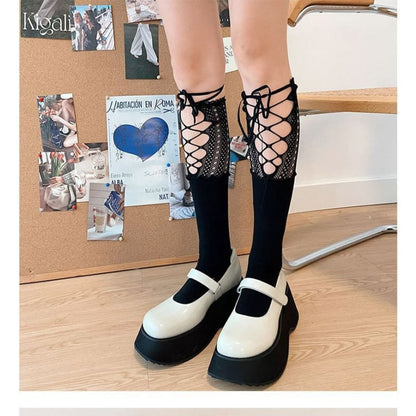 Lace Panel Tie Front Plain Socks