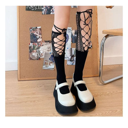 Lace Panel Tie Front Plain Socks