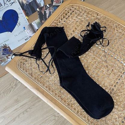 Lace Panel Tie Front Plain Socks - Black / One Size