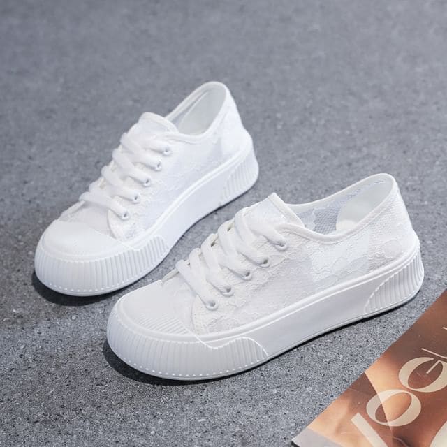 Lace Platform Sneakers - White / 35