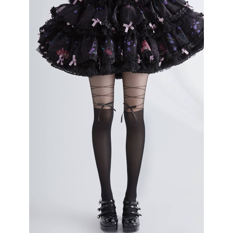 Lace Ribbon Bow Lolita Tights - Tights