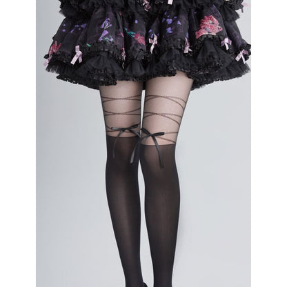 Lace Ribbon Bow Lolita Tights - Black - Tights