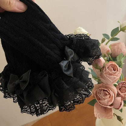 Lace Ruffle Knit Arm Sleeves - Black / One Size