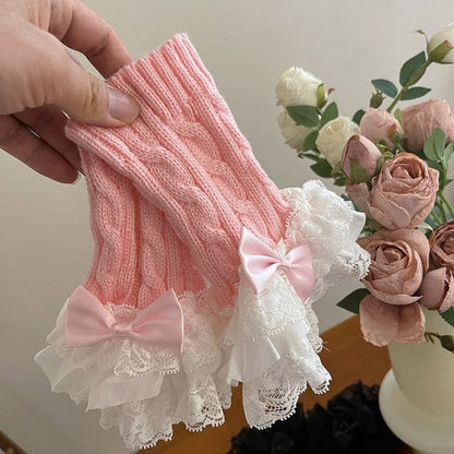 Lace Ruffle Knit Arm Sleeves - Pink / One Size