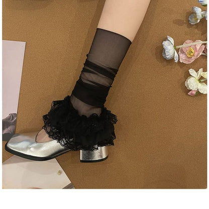 Lace Ruffled Shirred Mesh Socks