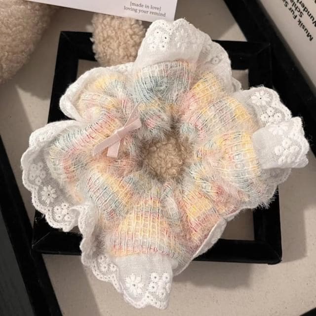 Lace Scrunchie - With Bow - Pink & Yellow & Blue / S