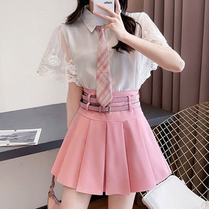 Lace Sleeve Tie T-Shirt Belted Pleated Skirt Set