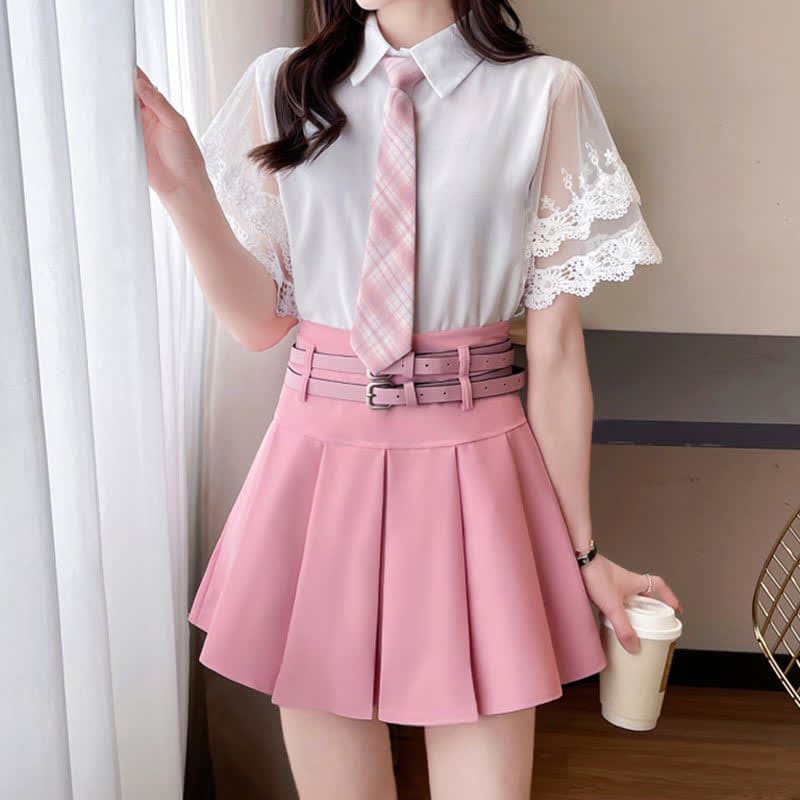 Lace Sleeve Tie T-Shirt Belted Pleated Skirt Set