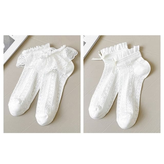 Lace Socks / Set - Set Of 2 Pairs - Lace Trim & Bow - White