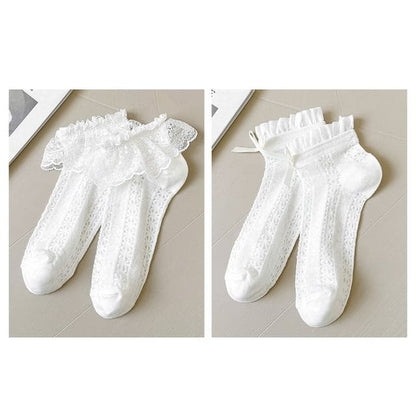 Lace Socks / Set - Set Of 2 Pairs - Lace Trim & Bow - White