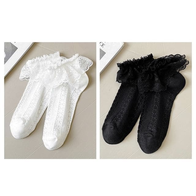 Lace Socks / Set - Set Of 2 Pairs - Lace Trim - White &