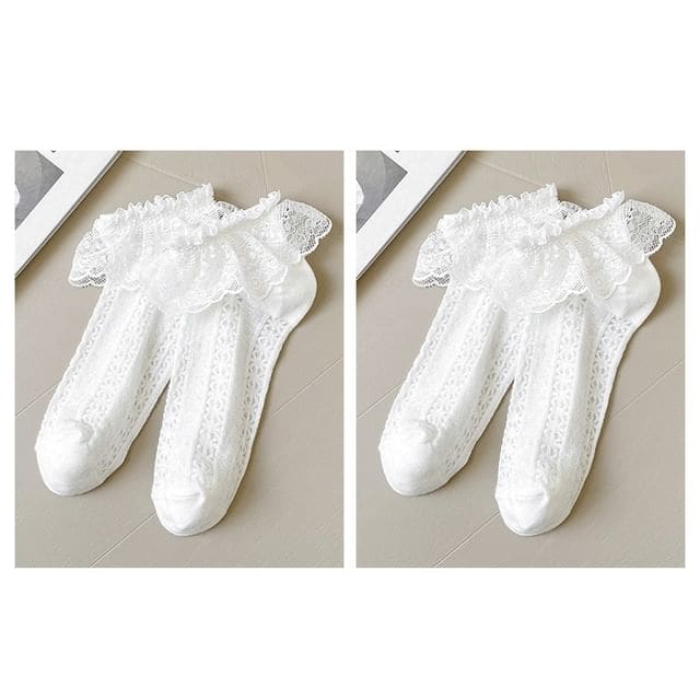 Lace Socks / Set - Set Of 2 Pairs - Lace Trim - White