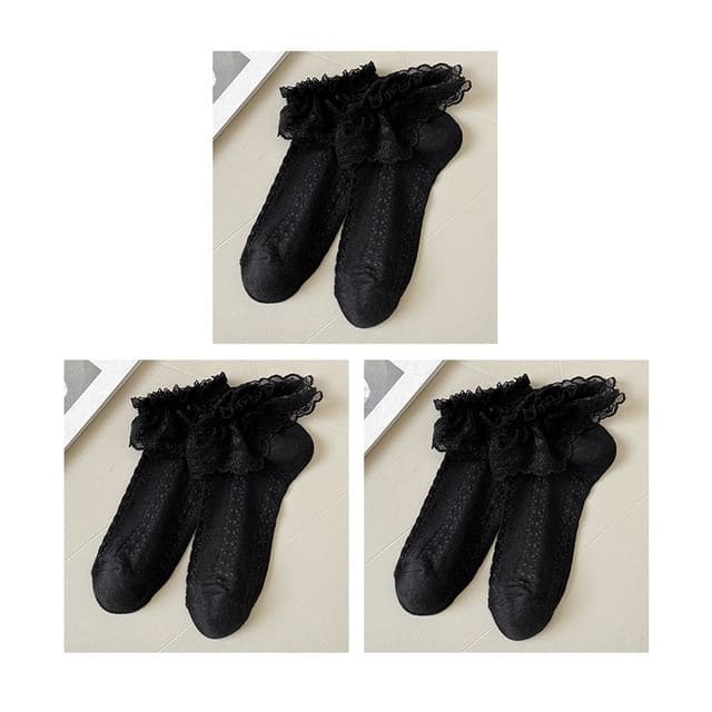 Lace Socks / Set - Set Of 3 Pairs - Lace Trim - Black