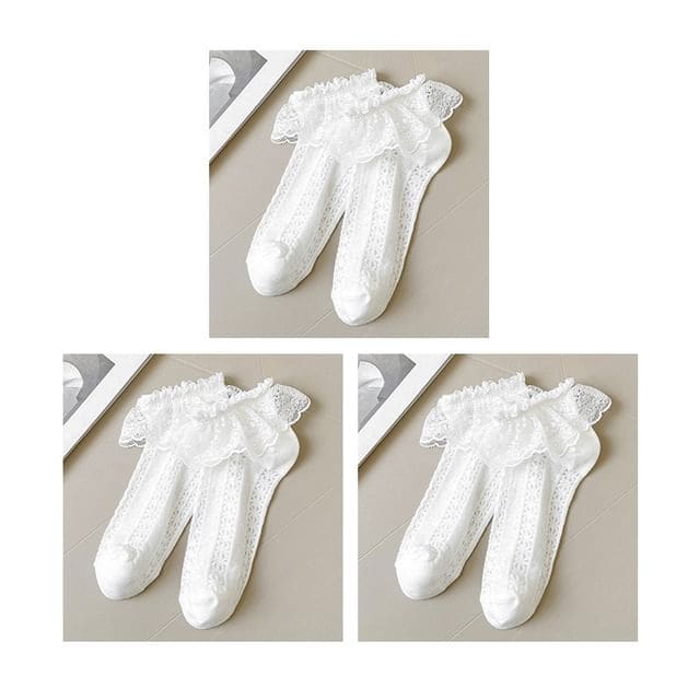 Lace Socks / Set - Set Of 3 Pairs - Lace Trim - White