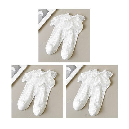 Lace Socks / Set - Set Of 3 Pairs - Lace Trim - White