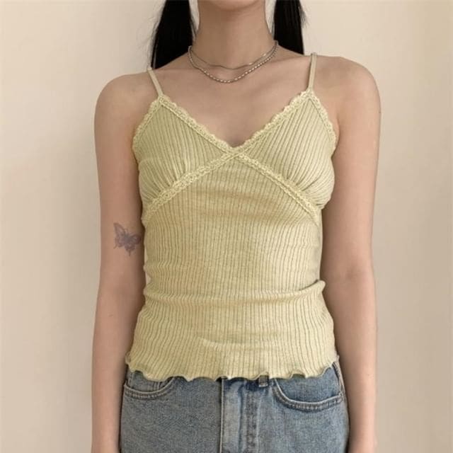 Lace Trim Camisole Top - Greenish Yellow / S