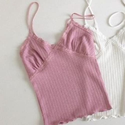 Lace Trim Camisole Top - Pink / S