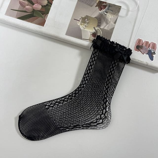 Lace Trim Fishnet Socks - Black / One Size