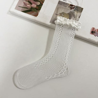 Lace Trim Fishnet Socks - White / One Size