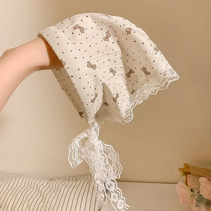 Lace Trim Headscarf - 03# - Khaki Dots - White / One Size