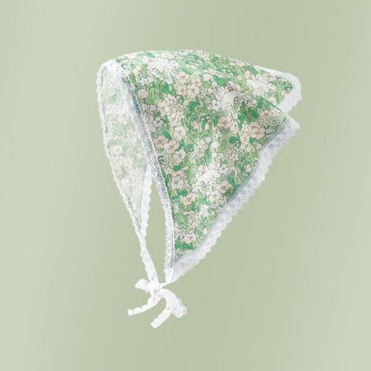 Lace Trim Headscarf - 04# - White Floral - Green / One Size