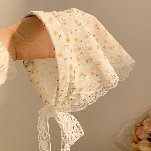 Lace Trim Headscarf - 04# - Yellow Floral - White / One Size