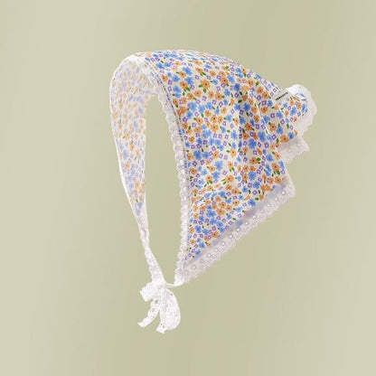 Lace Trim Headscarf - 05# - Blue & Orange Floral - White