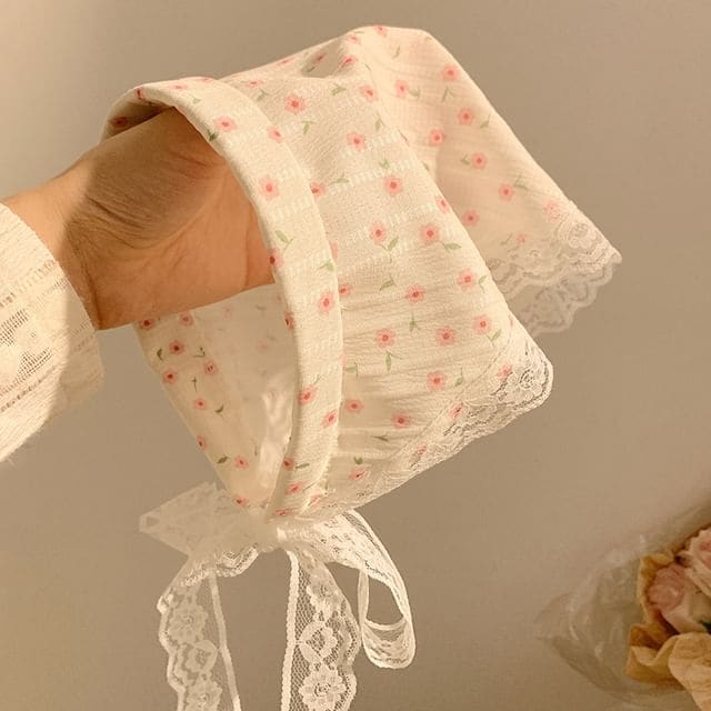 Lace Trim Headscarf - 05# - Pink Floral - White / One Size