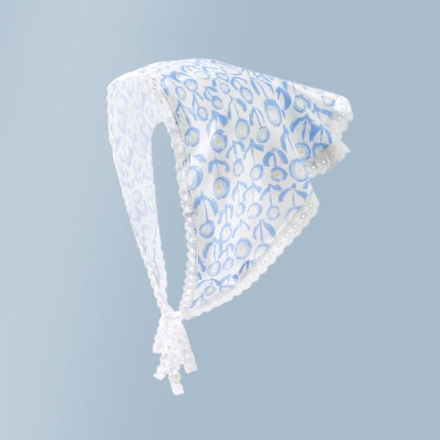 Lace Trim Headscarf - 06# - Blue Floral - White / One Size