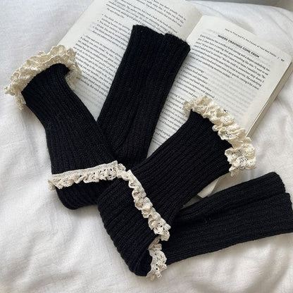 Lace Trim Knit Leg Warmers - Black / One Size