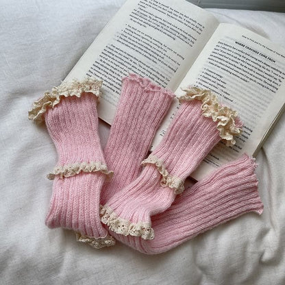 Lace Trim Knit Leg Warmers - Pink / One Size