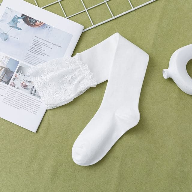 Lace Trim Over the Knee Socks - White / One Size