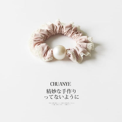 Lace-Trim Pearl Scrunchie - 2#Off-White / One Size