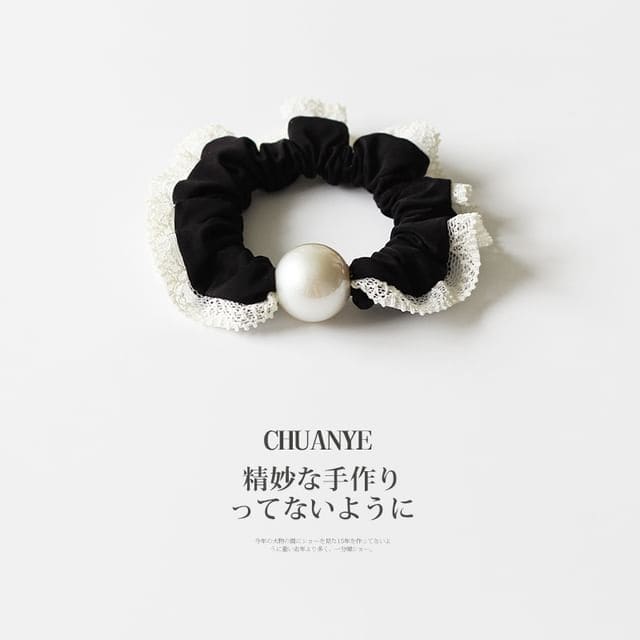 Lace-Trim Pearl Scrunchie - 3#Black / One Size