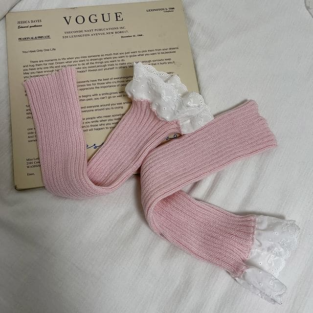 Lace Trim Ribbed Knit Leg Warmers - Pink / One Size