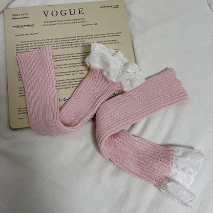 Lace Trim Ribbed Knit Leg Warmers - Pink / One Size